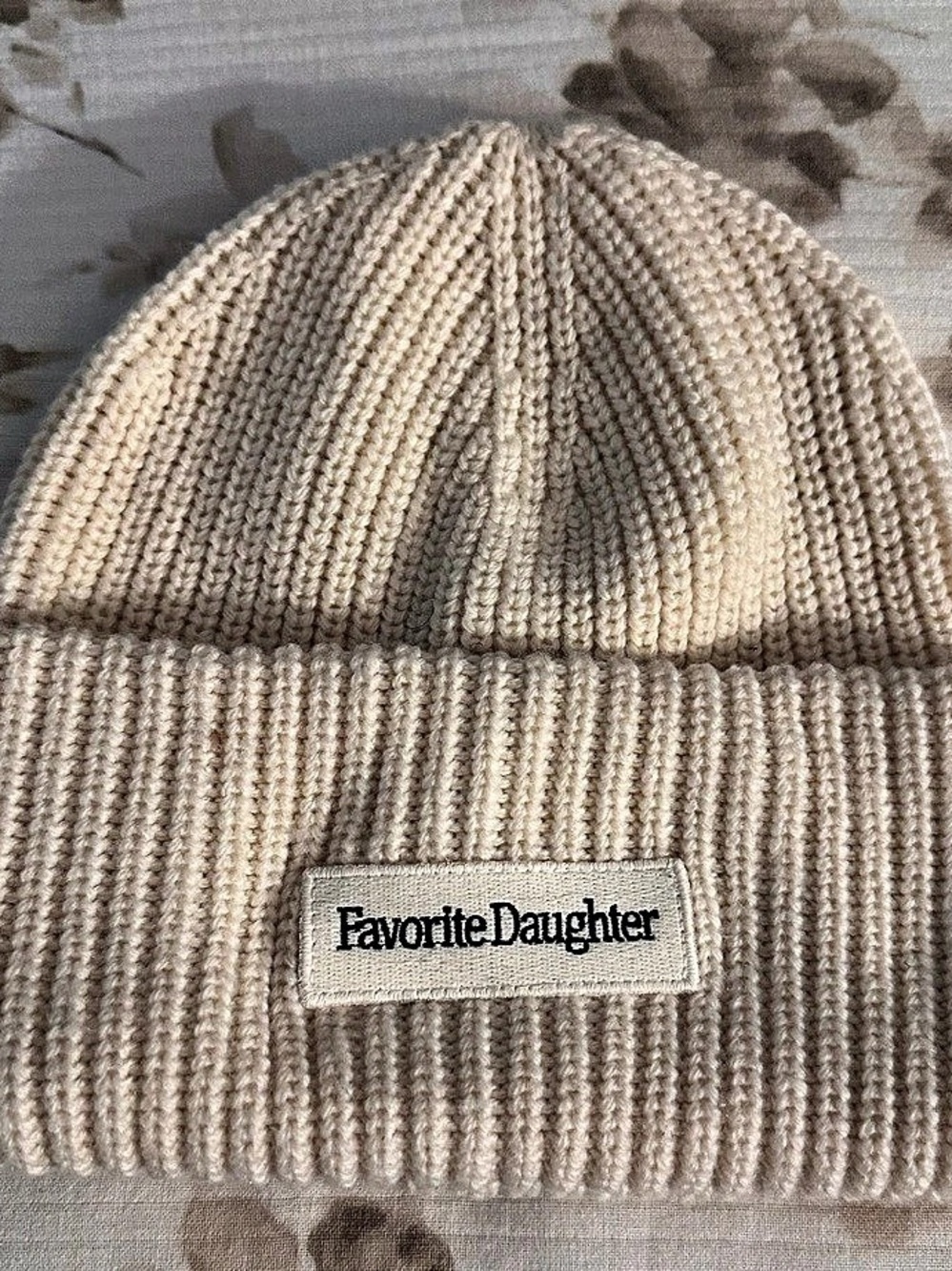 RARE ONE OF A KIND Favorite Daughter Black Logo Patch Rib Beanie ivory NWT